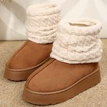 Short Knit Cuff Snow Boots Faux Furry Boot Upper Platform Sole Warm Lining Warm Boots Shoes Snow Boots Ankle Boots Outdoor Winter Boots For Women - 棕色 - 查看 2