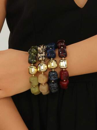 1 par de pulsera elástica con cuentas acrílicas texturizadas de estilo retro con patrón de mármol, diseño de espaciador de metal dorado con cuentas geométricas irregulares, para jóvenes, uso en exposiciones de arte y entusiastas del estilo vintage