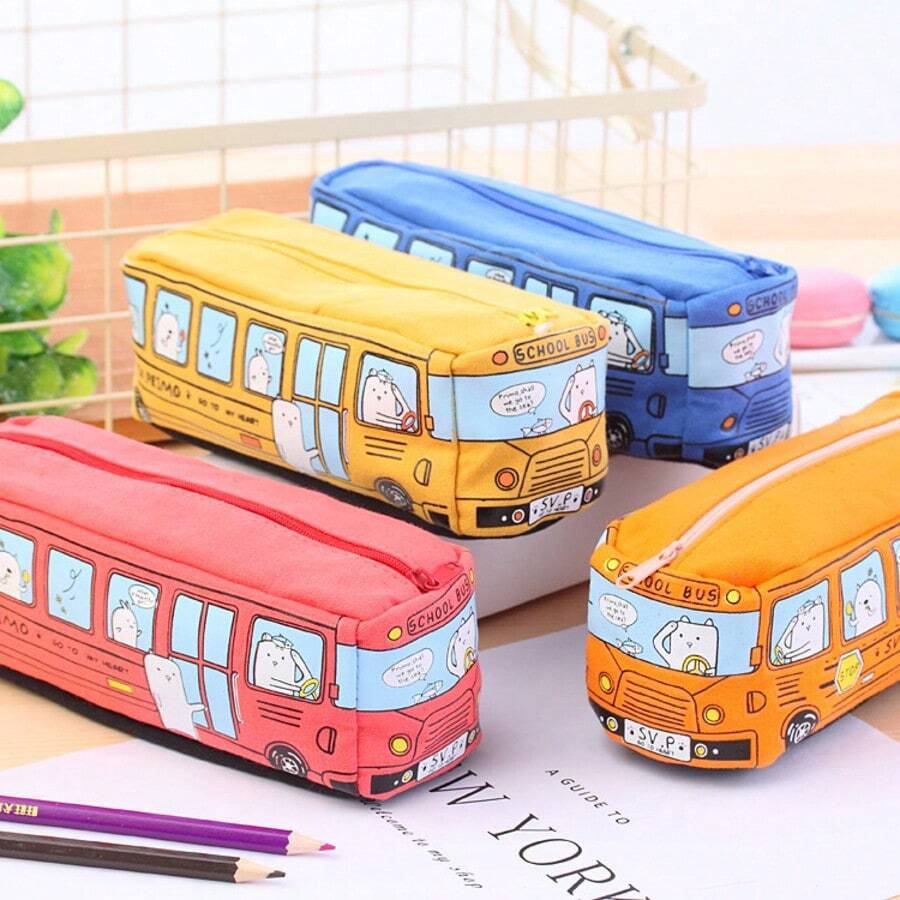 1pc Creative Bus Design Canvas Pencil Case, Large Capacity Yellow Children's Stationery Box,Back To School,Bag - Yellow - View 1
