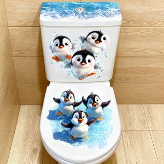 1 pièce Autocollant de toilette style océan pingouin de bande dessinée, autocollant décoratif de salle de bain amusant et imperméable, décalcomanie murale d'animal mignon, décoration de maison