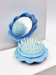 1个可折叠贝壳形旅行手持镜梳，带镜子，干湿两用，便携式化妆镜梳，梳子，美发工具，沙龙美发产品及配件，美容旅行必备，返校季，旅行度假必备，女士美发配件 - 寶藍色 - 查看 6