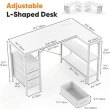 Sweetcrispy L Shaped Desk With Shelf Drawers, White Corner Computer Desks Gaming With Power Outlet, Study Table With Adjustable Shelves, Home Office Tables For Bedroom Teacher Reading Writing - View 9