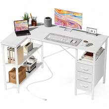 Sweetcrispy L Shaped Desk With Shelf Drawers, White Corner Computer Desks Gaming With Power Outlet, Study Table With Adjustable Shelves, Home Office Tables For Bedroom Teacher Reading Writing - View 10