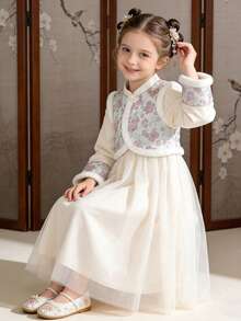 Balabala 女童汉服连衣裙，多层薄纱设计，甜美刺绣，现代中国风，秋冬款