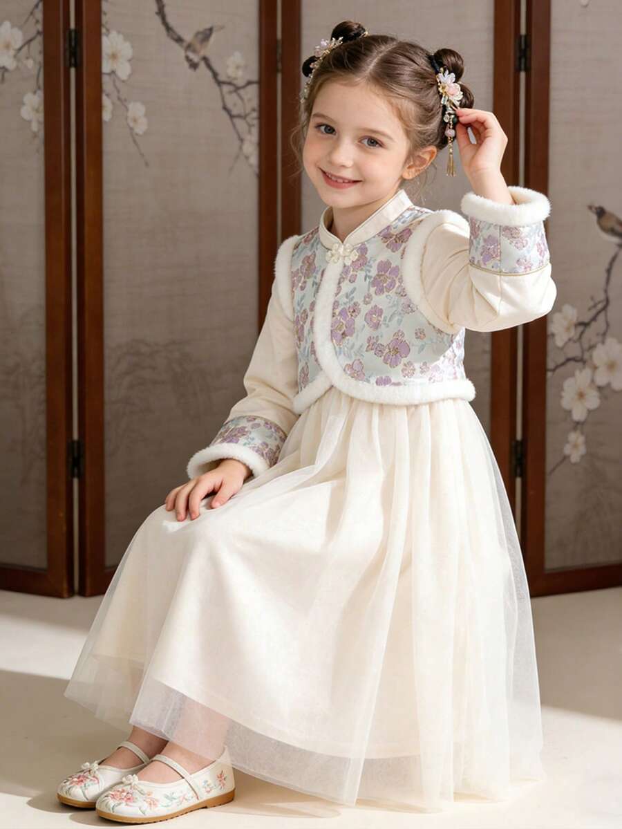 Balabala Girls' Hanfu Dress, Layered Sheer Design, Sweet Embroidery, Modern Chinese Style, Autumn/Winter - White Purple - View 1