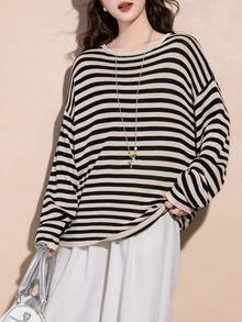 Alicedudu Women's Classic Striped Pullover Sweater, Versatile For Spring - Black - View 3