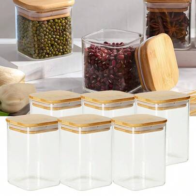 6 Pcs Glass Spice Jars With Bamboo Lids, 250ml Square Seasoning Jars, Airtight Spice Jars With Lids, Glass Storage Container For Spice, Salt, Sugar, Seeds, Nuts Etc