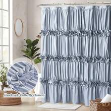 Victorian Ruffle Fabric Shower Curtain, Vintage Handcrafted Bow Tie Bath Curtain For Master Bathroom, Ruched Microfiber Bathroom Curtain With 12 Buttonholes, 72" W X 72" H - Fog Blue - View 8