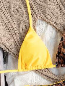 女士优雅豹纹露背系带比基尼套装，适合夏季度假和海滩 - 黃色 - 查看 4