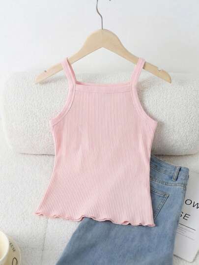 1pc Cute Girl's Casual Fashion Ribbed Ruffle Hem Camisole, Soft Comfortable Breathable, Can Be Worn Layered Or Alone
