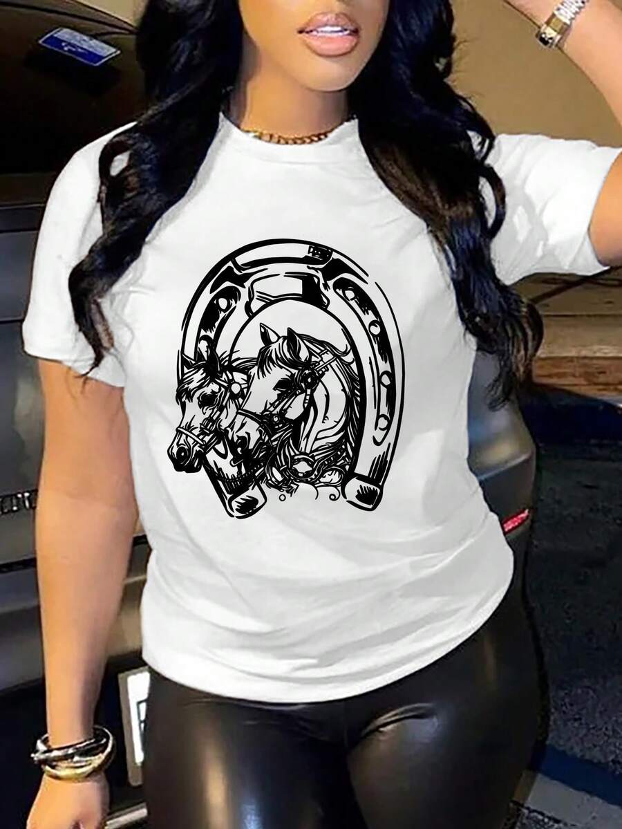 Women's Horse Print Round Neck Plus Size T-Shirt, Spring/Summer Casual Short-Sleeved Top, Plus Size Women's Clothing - White - View 1