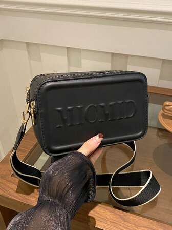 1 pieza Bolso de hombro de mujer con diseño de letra negra a la moda, bolso cuadrado versátil y portátil con cremalleras dobles, correa ancha ajustable, material de PU, adecuado para citas, compras, regalos, oficina