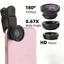3-In-1 Universal Clip-On Smartphone Camera Lens Kit, Includes Fisheye Lens, Wide Angle Lens And Macro Lens, Manual Focus, Suitable For Smartphone Photography, With Magnifier - Multicolor - View 4