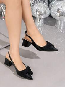 女士尖头粗跟鞋，蝴蝶结高跟鞋，法式经典优雅露趾后系带高跟凉鞋，优雅迷人的夏季日常、派对、购物、通勤穿着皆宜，黑色舒适PU粗跟鞋，适合假日、婚礼、学校派对、办公室、度假、音乐节、母亲节等场合，时尚粗跟鞋/优雅女士黑色凉鞋 - 黑色 - 查看 3