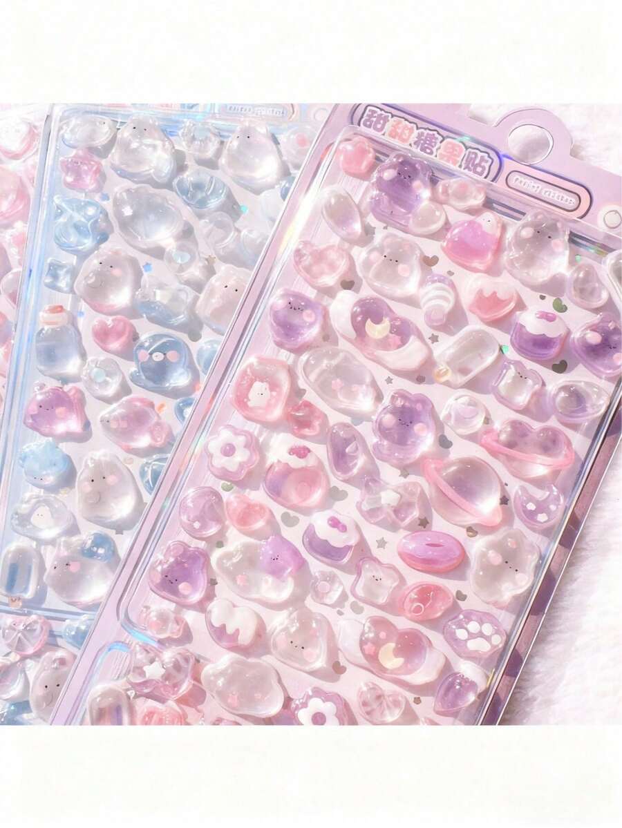 1pc Cartoon 3D Embossed Random Style Crystal Sticker, Mixed Color Plastic Self-Adhesive Sticker, Suitable For DIY Decoration On Diary, Phone Case, Notebook, Water Bottle - Semi-Glossy Asymmetrical Shape, Disposable - Multicolor - View 1