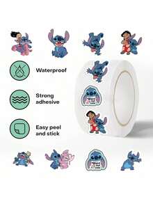 500pcs Disney Sticker Roll, 10 Styles, Fun Movie Cartoon Stickers, Stitch Party Favors, Water Bottle Vinyl Stickers (500pcs/Roll) - Blue - View 1