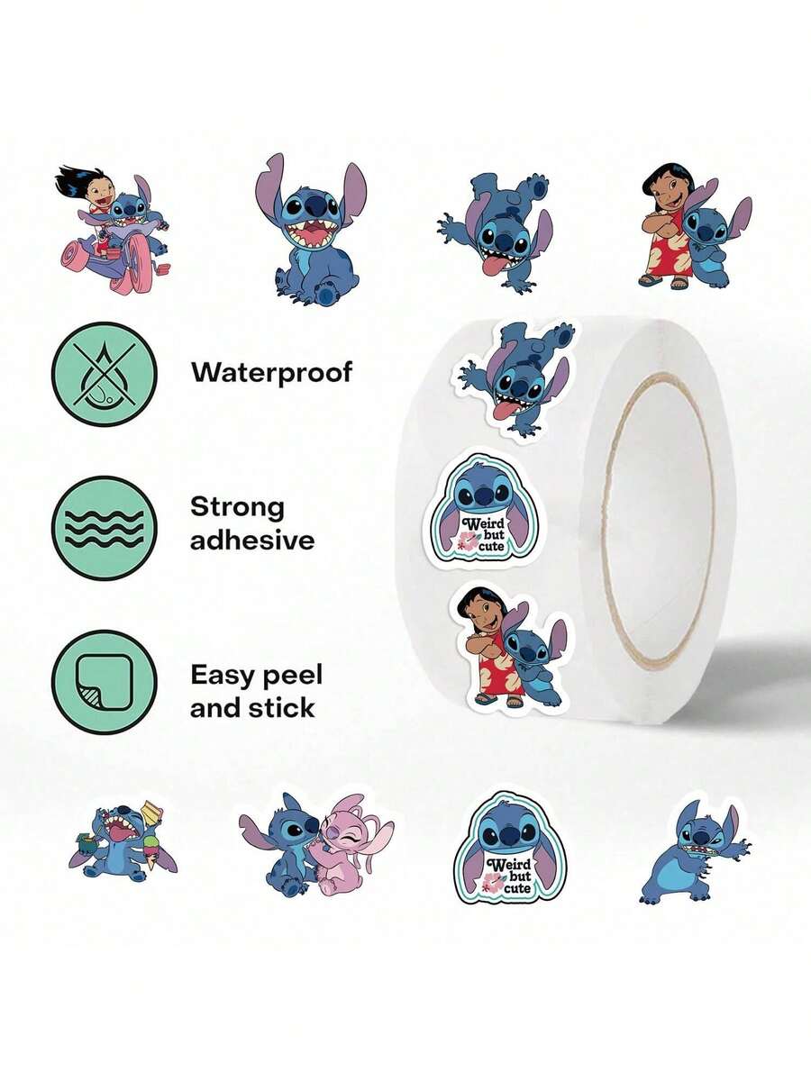 500pcs Disney Sticker Roll, 10 Styles, Fun Movie Cartoon Stickers, Stitch Party Favors, Water Bottle Vinyl Stickers (500pcs/Roll) - Blue - View 1