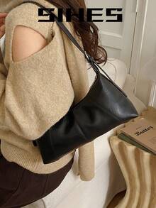 1 pieza Bolso de hombro de mujer de unicolor de piel de PU, bolso de axila en forma de media luna de moda, cierre con cremallera, diseño plisado, correa ajustable, adecuado para chicas, damas, estudiantes universitarias, jóvenes profesionales, oficina, escuela, trabajo, negocios, viajes, compras - Negro - Ver 5