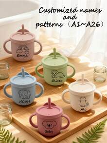 Personalized Silicone Baby Training Cup, Straw Cup, Double Handle Water Bottle, Best Gift Choice With Customized Name And Pattern - Multicolor - View 1