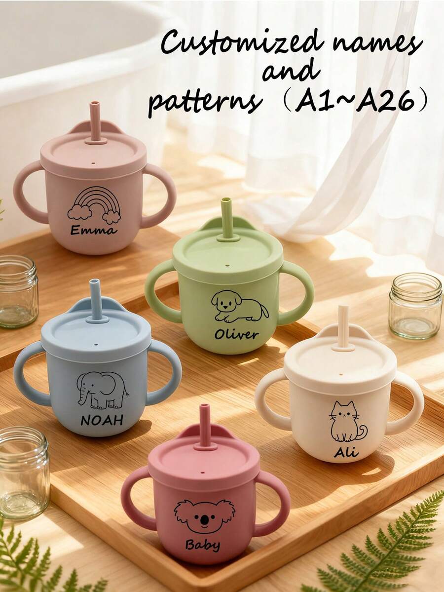 Personalized Silicone Baby Training Cup, Straw Cup, Double Handle Water Bottle, Best Gift Choice With Customized Name And Pattern - Multicolor - View 1