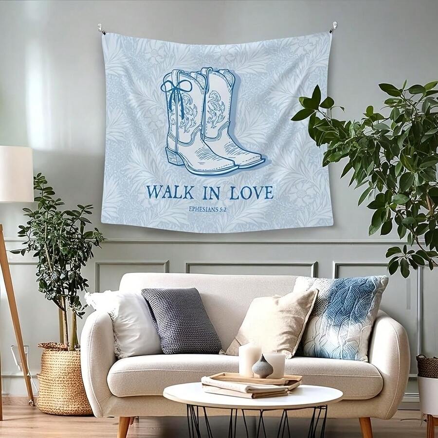Christian Coquette Bow Cowgirl Boots Hanging Wall Tapestry For Girly Room Bedroom Decor, Blue Walk In Love Wall Tapestry, Western Floral Wall Hanging For Teen Girls Dorm Y2k Room Decor - 彩色 - 查看 1
