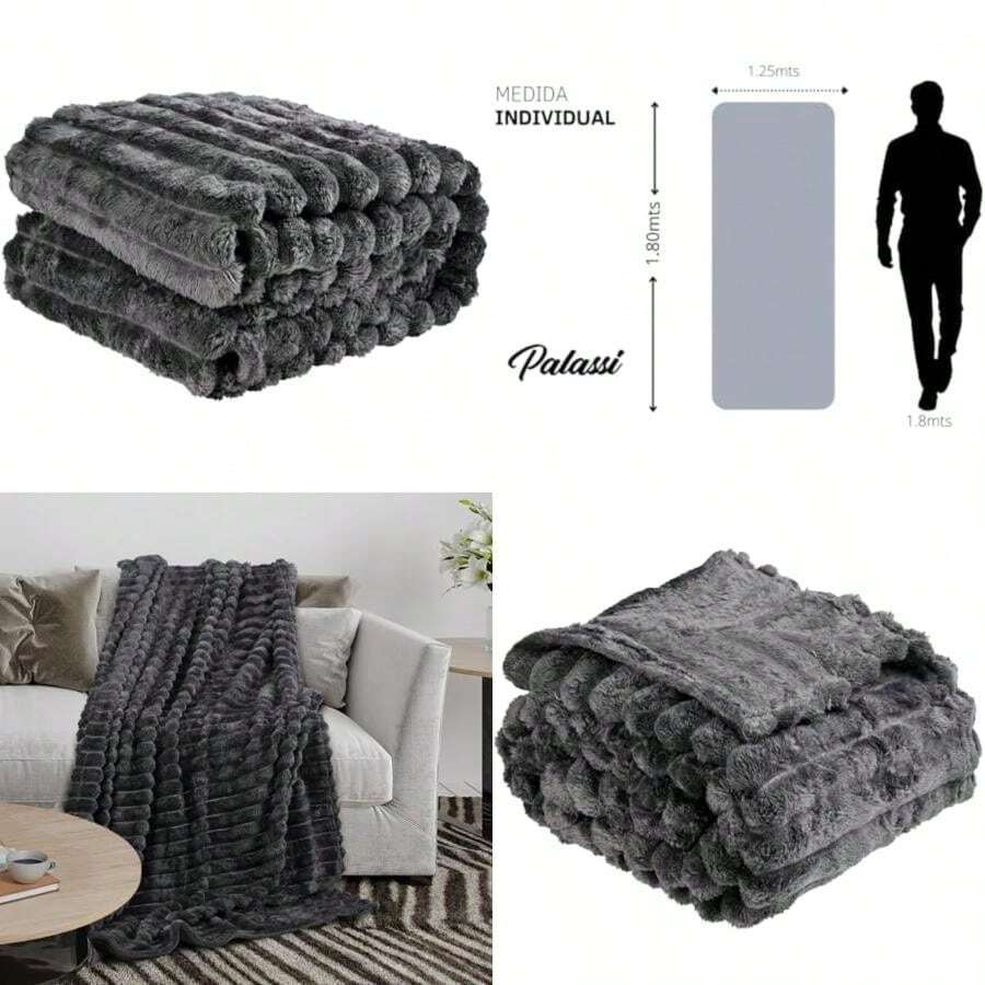 PALASSI de Flannel Raya Ancha, Frazada Suave y Caliente para Cama o Sofa, Distintos Colores y Tamaños Disponibles, Manta con Fíbras Premium de Poliéster. (, )(Gris Oscuro Individual) - Multicolor - Ver 1
