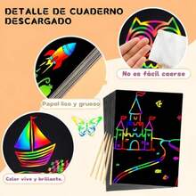 120pcs hojas Scratch Multicolor Paper18x13cm Juego de Papel de Rascar arte Arcoíris con Bolígrafo y plantilla de dibujo Scratching rainbow art crafts dibujos de Graffiti Scratch boards - como en la foto - Ver 3