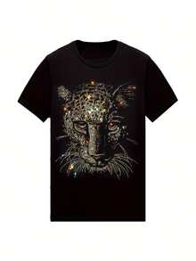 HZCX FASHION Men'S Rhinestone Leopard Graphic T-Shirt - Black & Golden Animal Print, Casual Crew Neck Short Sleeve Tee For Summer, Spring, Fall - Streetwear Style, Perfect Gift For Men, Leopard Shirt - 黑色 - 查看 1