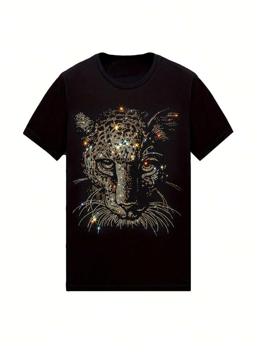 HZCX FASHION Men'S Rhinestone Leopard Graphic T-Shirt - Black & Golden Animal Print, Casual Crew Neck Short Sleeve Tee For Summer, Spring, Fall - Streetwear Style, Perfect Gift For Men, Leopard Shirt - 黑色 - 查看 1