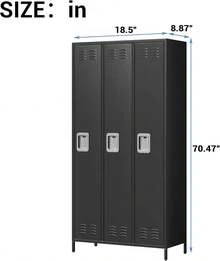 Armario de metal de 72 pulgadas con 3 puertas - armarios para empleados pequeño espacio con 9 ganchos, para gimnasios, escuelas, aulas, casas, oficinas y dormitorios de empleados - Negro - Ver 2