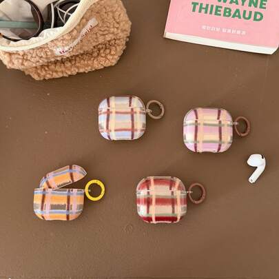Vintage Transparent Patchwork Plaid Earphone Case With Hanging Ring, Compatible With Airpods Pro 2, Cute Apple 4, Minimalist 3 New 1/2 Generation, Women Earphone Protective Cover