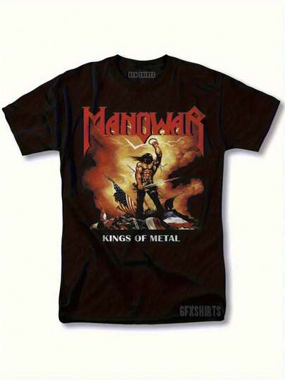 Camiseta Oficial Vintage de la Banda Manowar Kings of Heavy Metal - Camiseta de Algodón Pesado con Gráfico de Batalla de  y Llamas - Mercancía de Metal para Hombres para Conciertos, Atuendo Casual - Regalo Coleccionable para Fans, Camisetas de Rock and Roll, Ropa Casual, Camiseta Gráfica Audaz, Elasticidad Media, Camisetas de Banda de Rock, Ropa de Concierto, Diseño Llamativo, Tela Duradera, Mercancía para Fans, Amantes de la Música