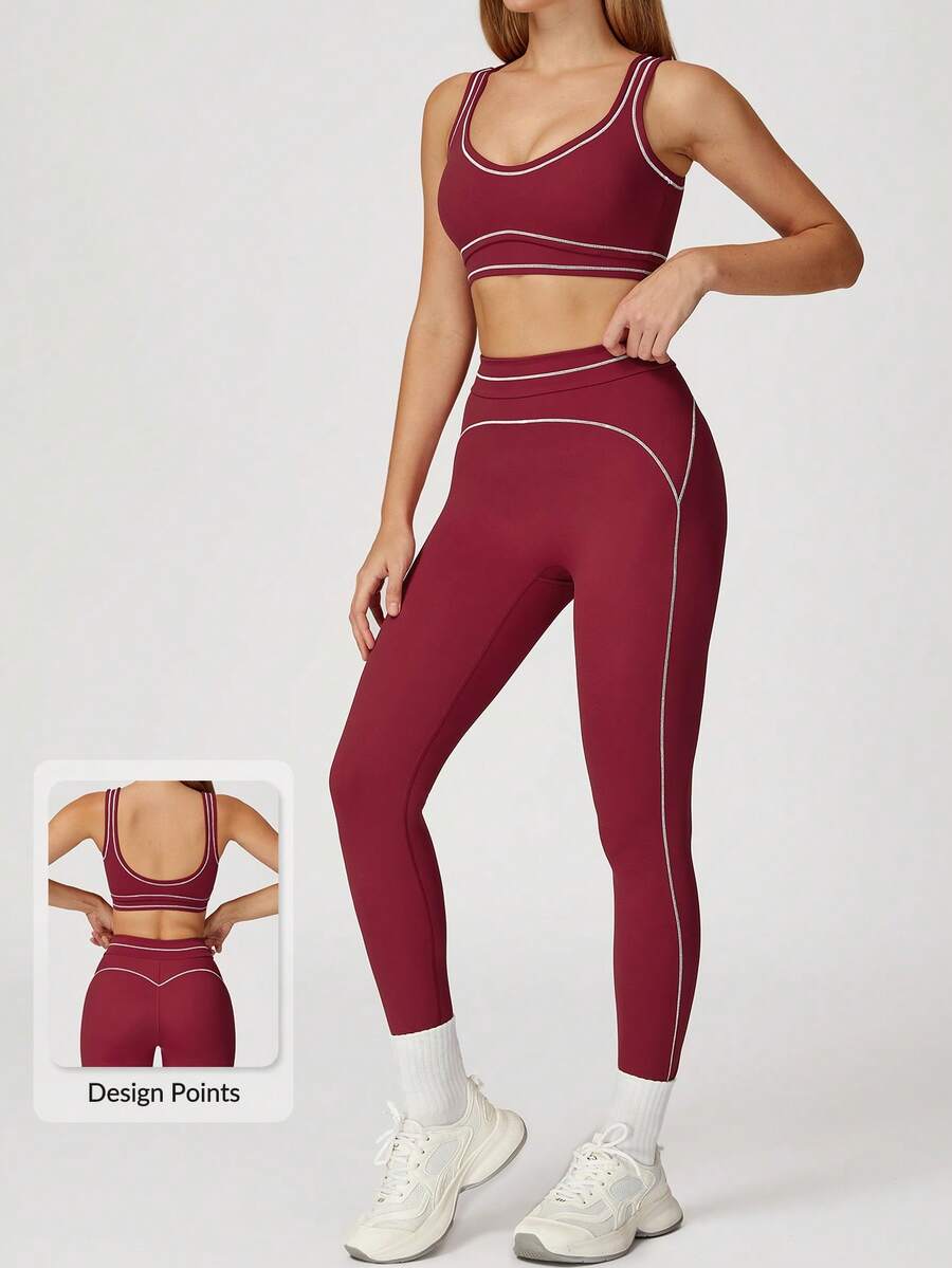 MASKERT Conjunto de Yoga Feminino Sem Costura, 2 peças, Top Esportivo e Legging, Roupa Esportiva Altamente Elástica, Confortável e Suave para a Pele - Vermelho - Ver 1