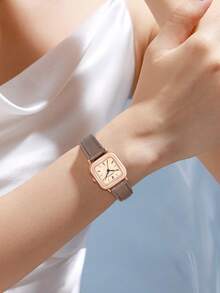 1pc LUCKYFOX Quartz Watch With Leather Strap, Minimalist Square Dial Design, Suitable For Daily Life, Youth & Student - Khaki - View 4