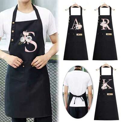 1pc Letter Series Printed Polyester Apron, Cute Cartoon Letter & Vibrant Floral Pattern Design, Adjustable Neck & Waist Strap For Easy Sizing, Lightweight & Water-Resistant Fabric, Easy To Clean