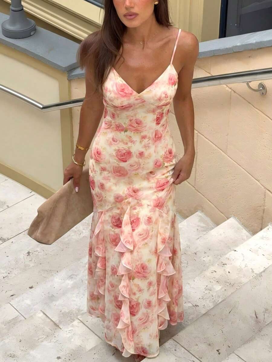 Women's Floral Ruffle Shoulder Blouse, Elegant Casual Button Front Shirt, Long Sleeve