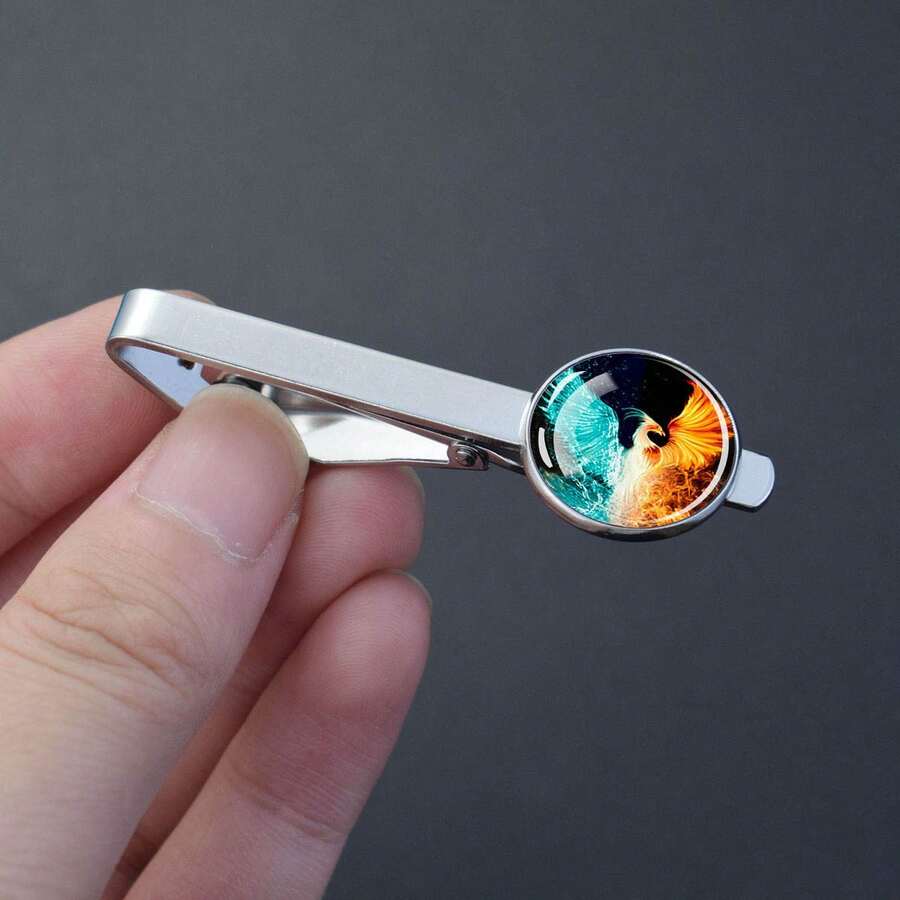 1pc Phoenix Theme Glass Dome Tie Clip, Metal Tie Bar With Colorful Phoenix Pattern, Mythical-Themed Men's Formal Accessory - Silver - View 1