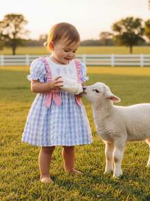 Toddler Baby Girl Dress Puff Short Sleeve Crew Neck Cross Letters Embroidery A Line Plaid Print Christian Dress - Xanh và trắng - Xem 9