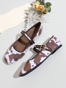 Zapatos planos nuevos para mujer, diseño de punta cuadrada de moda, decoración con hebilla de metal, tela de vaca estampada y suave, cómodos bailarinas Mary Jane, adecuados para uso diario, caminar, trabajo, vacaciones, fiestas y eventos de moda. Se pueden combinar con vaqueros, faldas, vestidos y atuendos casuales. Cómodos y despreocupados. - Café integral - Ver 14