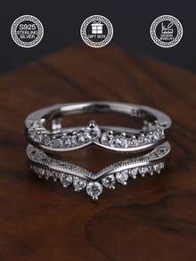 1 chiếc nhẫn bạc 925 hai lớp hình chữ V đính đá Cubic Zirconia, thiết kế vương miện, nhẫn hình trái tim đính đá Cubic Zirconia, thời trang cho đeo hàng ngày và đám cưới, món quà lý tưởng cho bạn gái, kèm hộp quà. - Zircon hình chữ V hai lớp - Xem 11