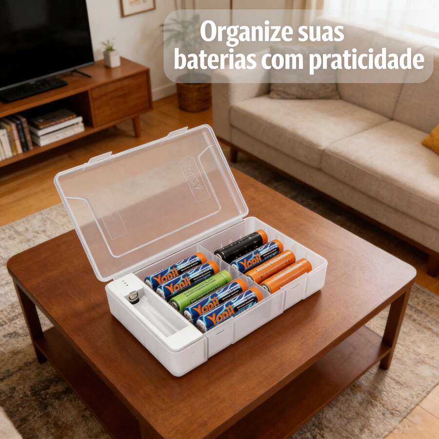 Caixa de armazenamento de baterias com função de teste de energia por LED, que resolve de forma eficiente os problemas de armazenamento e teste de energia das baterias. - Branco - Visão 1