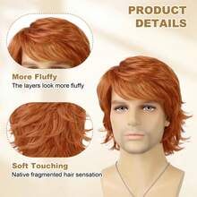 Perruque courte homme orange et moelleuse, à couches naturelles, en fibre synthétique résistante à la chaleur, convient pour les costumes d'Halloween, pour hommes - Multicolore - Voir 6