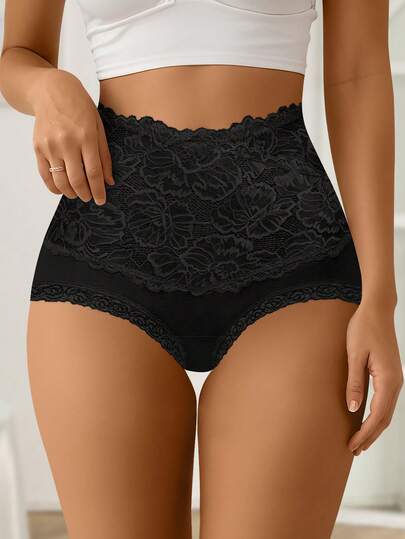 MIOTAN 1pc Women High Waist Slimming Lace Patchwork Jacquard Pattern Comfortable Hipster Panty