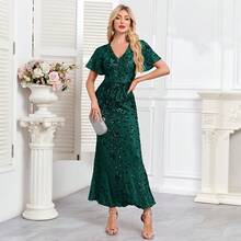 hezixi Đầm dạ hội tay ngắn xòe đính sequin sang trọng, gợi cảm, dài kiểu đuôi cá, thích hợp cho đám cưới, tiệc cocktail, kỳ nghỉ xuân. - Màu xanh lá cây đậm - Xem 10