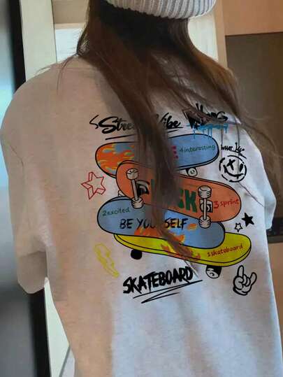 日系女式宽松圆领休闲百搭字母滑板印花短袖T恤，春夏款