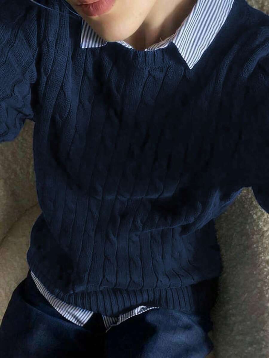 1pc Boys/Teenage Boys' Casual Loose Comfortable Outdoor Cable Knit Thick Long Sleeve Sweater, Spring/Autumn/Winter - Navy Blue - View 1