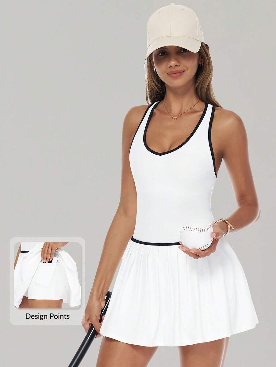 MASKERT Bộ áo liền quần nữ, đồ thể thao nữ, đồ thể thao tennis, áo liền quần, đồ tập yoga. Áo liền quần và váy thể thao thoải mái và đa năng, độ co giãn cao và thân thiện với da, phù hợp để mặc ở nhà. Màu trắng mùa hè - trắng - Xem 1