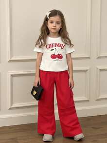 2件套 女童情人节可爱樱桃字母印花短袖圆领上衣+假口袋休闲工装裤套装，夏季