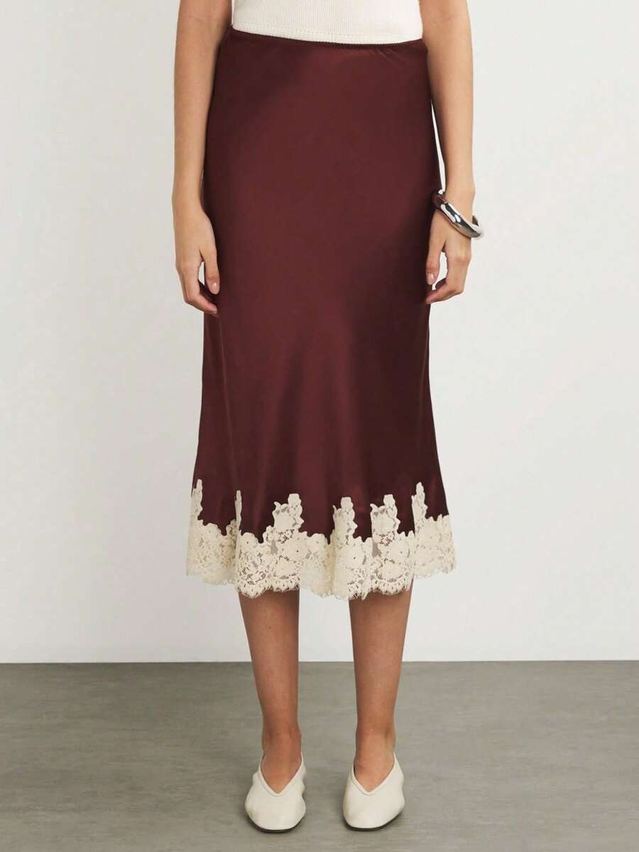 Women's Lace Trim Satin Silk Midi Skirt Y2K Elegant Silky Flowy A Line Long Skirt Vintage Bodycon Pencil Maxi Skirts Going Out Beach Vacation Skirt Streetwear - 酒紅色 - 查看 1