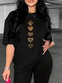 Valentine's Day Plus Size Women's Summer Leopard Print Heart Print Casual Simple Loose Comfortable Street Style Round Neck Plus Size Short Sleeve T-Shirt Tops - Black - View 1